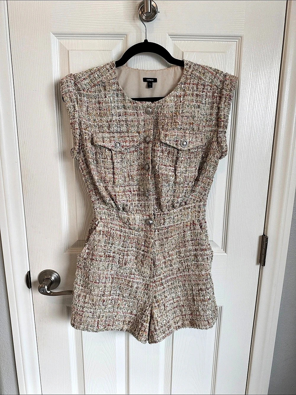 Express Tweed Sequin Button Front Utility Romper Cream & Pink XS